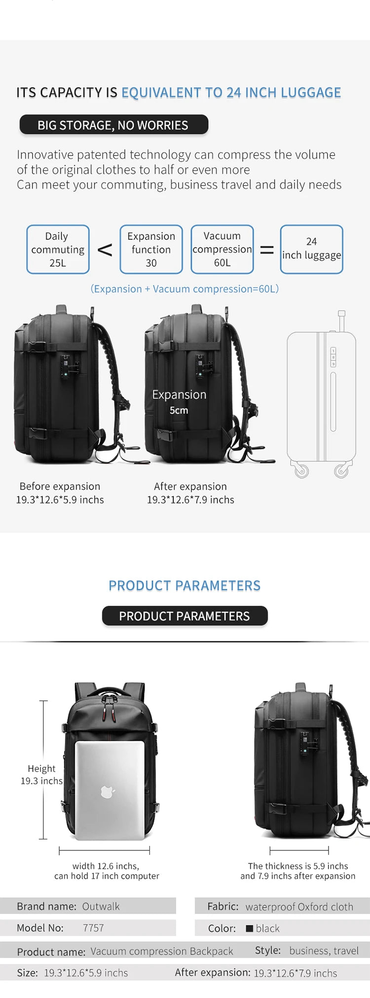 Men Travel Backpack vacuum compression 17 inch Laptop Backpacks Business Large Capacity school Backpack Expanded Hiking backpack