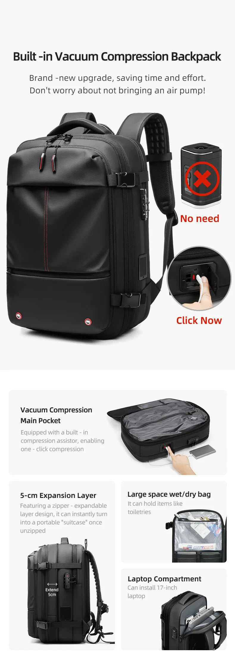 Men Travel Backpack vacuum compression 17 inch Laptop Backpacks Business Large Capacity school Backpack Expanded Hiking backpack