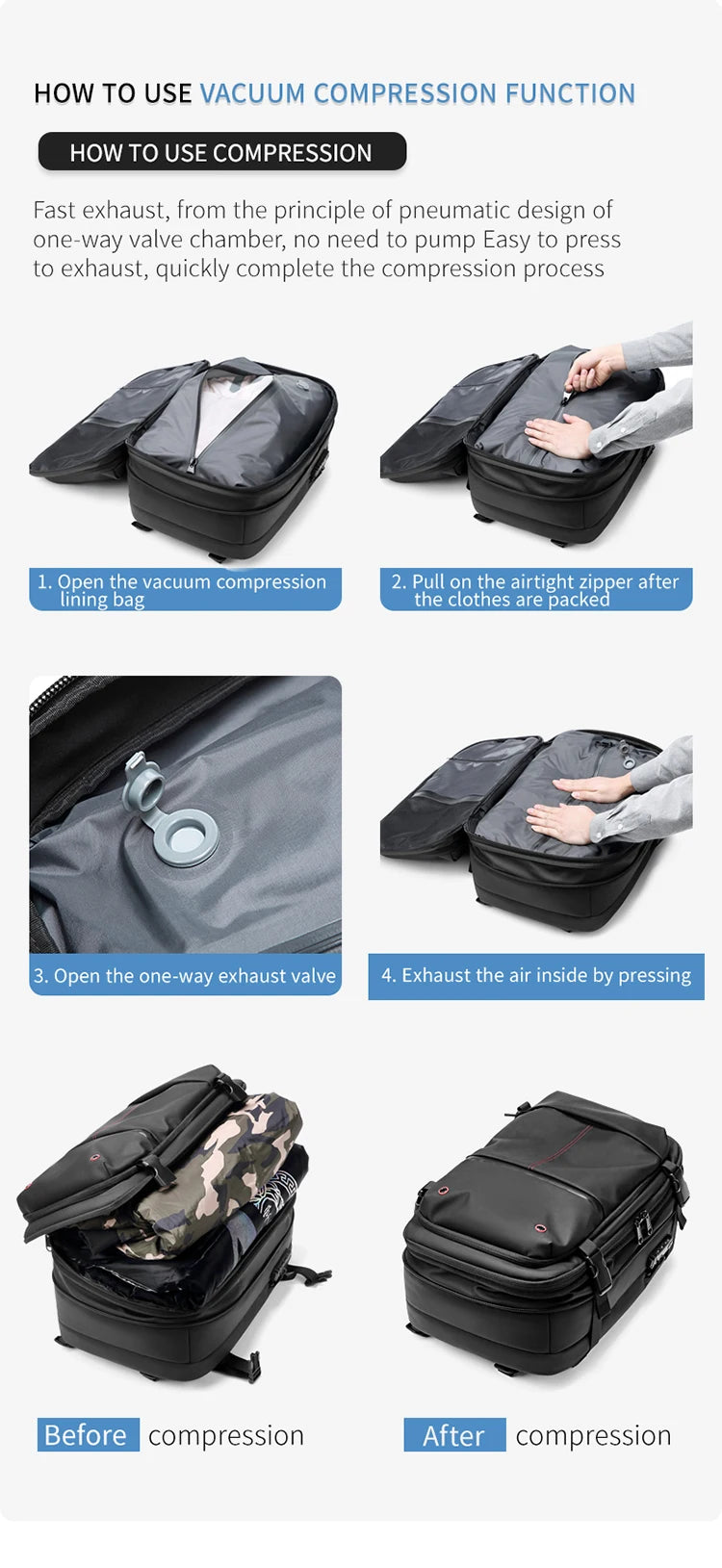 Men Travel Backpack vacuum compression 17 inch Laptop Backpacks Business Large Capacity school Backpack Expanded Hiking backpack