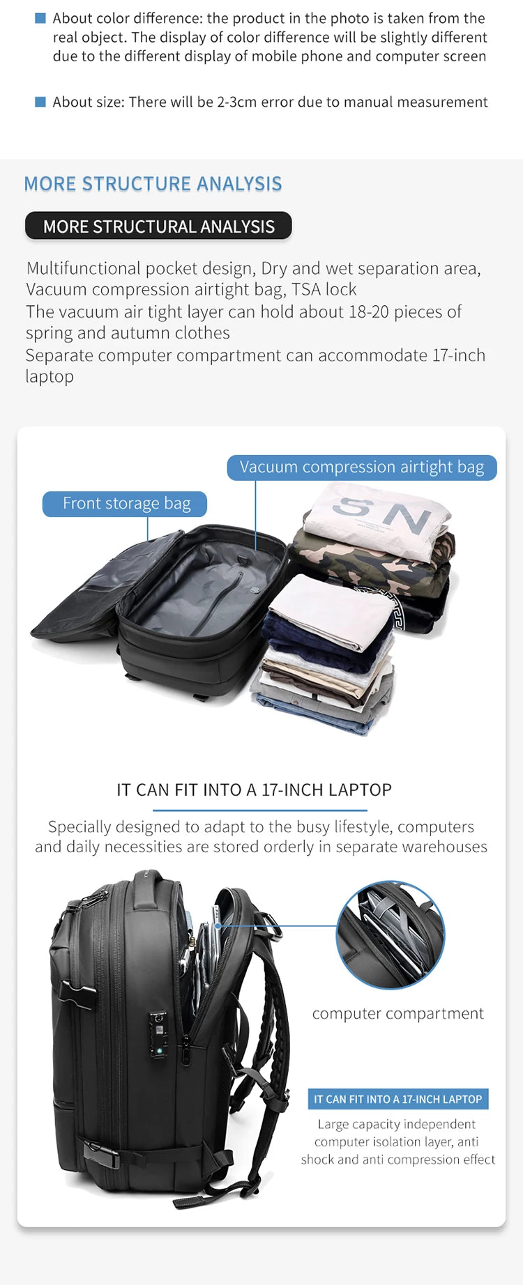 Men Travel Backpack vacuum compression 17 inch Laptop Backpacks Business Large Capacity school Backpack Expanded Hiking backpack